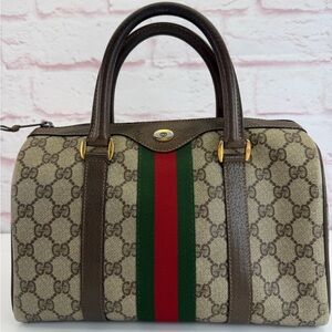 Gucci Beige GG Canvas Sherry Line Ophidia  Web Stripe Vintage Top Handle Bag